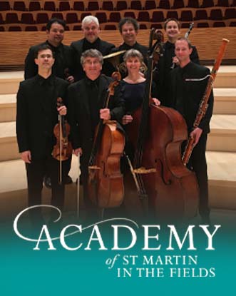 An ensemble of a diverse group of people dressed in black holding instruments. Text reads Academy of St Martin in the Fields