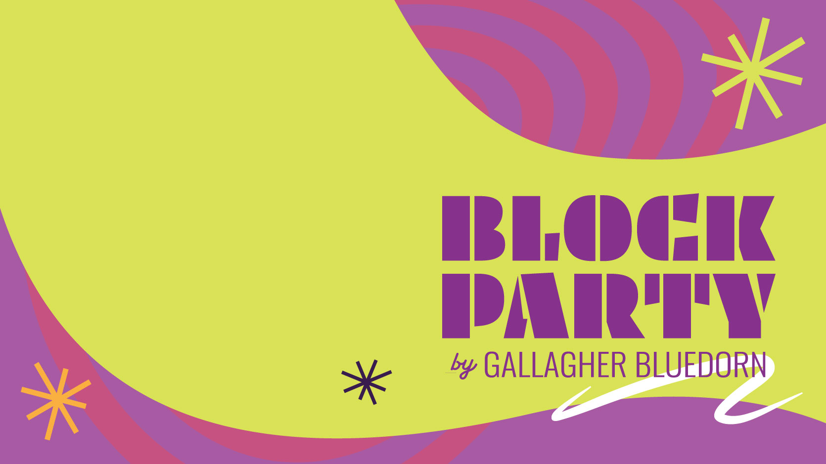 Text reads "BLOCK PARTY by Gallagher Bluedorn" on a playful background of lime green, orange, and purple with accenting starburst shapes