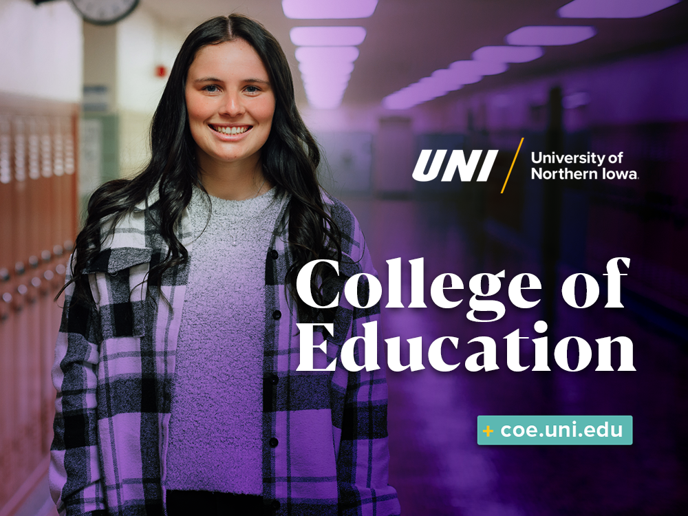 UNI College of Education Ad woman wearing black and white flannel in high school purple gradient overlay