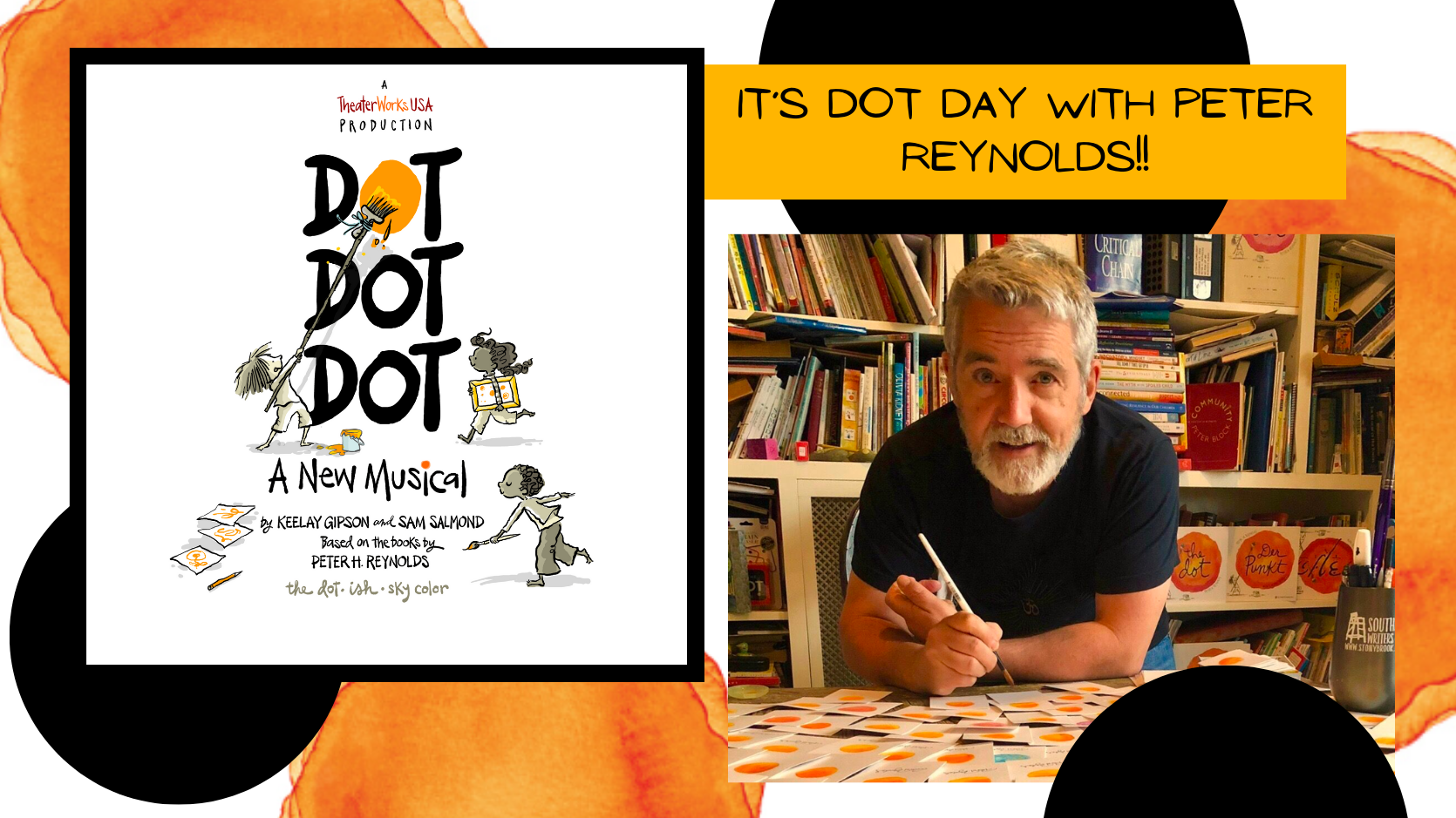 Author Peter H. Reynolds poses at a desk, next to thumbnail of DOT DOT DOT book cover