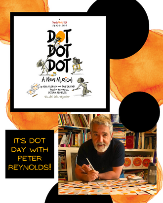 Photo of Peter H. Reynolds along with cover of his book, DOT DOT DOT, featuring orange and black polka dots in the background