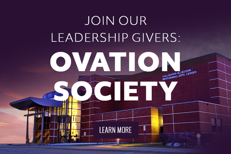 Text reads Join our leadership givers Ovation Society. With an image of the Gallagher Bluedorn at sunset