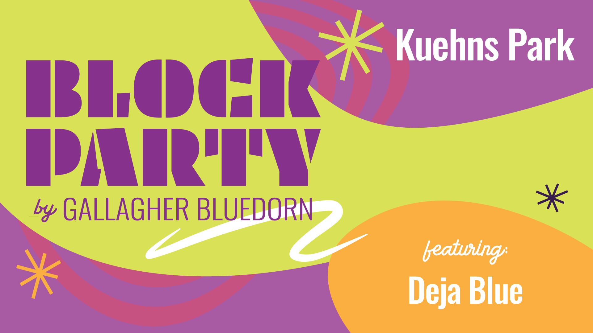 Colorful green, purple and orange background text reads: Block Party