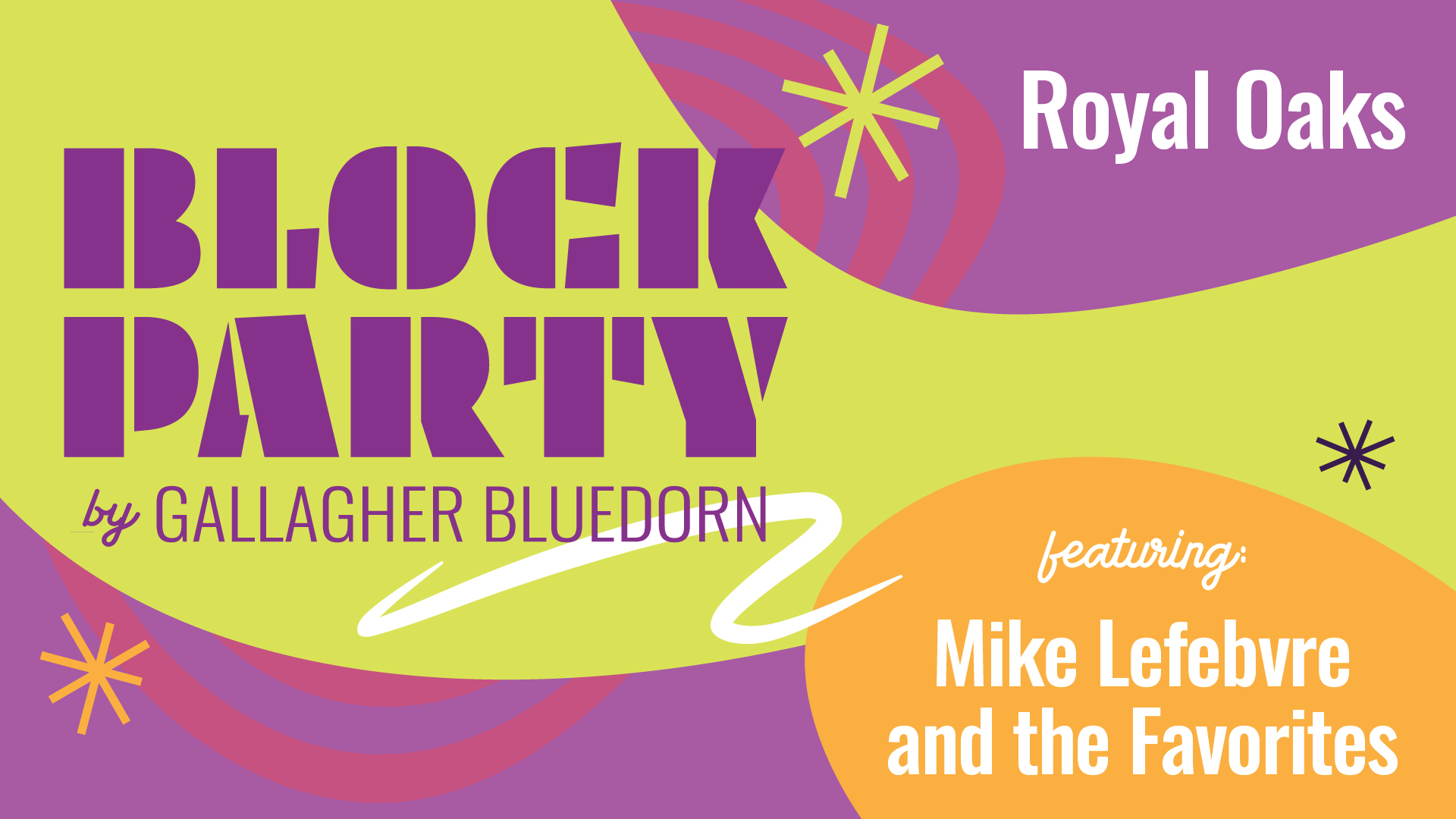 Colorful green, purple and orange background text reads: Block Party