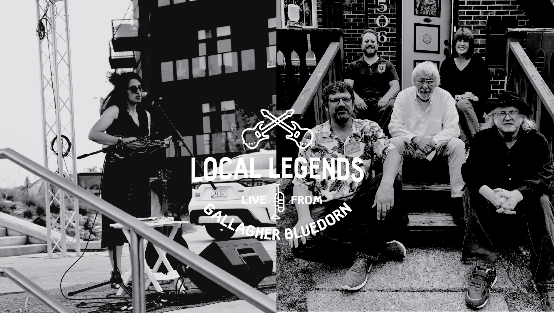 Black and white images of Amz and the Nitpickers. White Local Legends on top