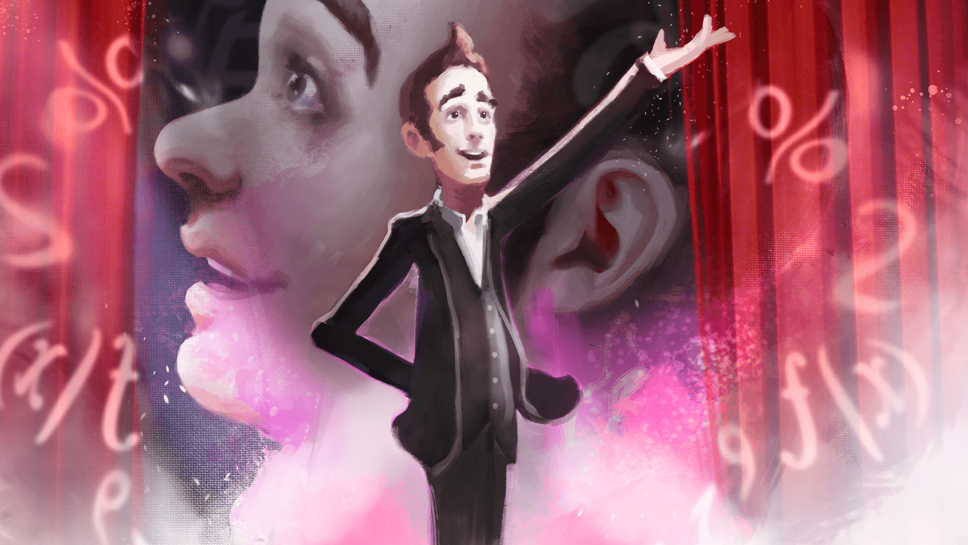Cartoon illustration of a man on stage bowing
