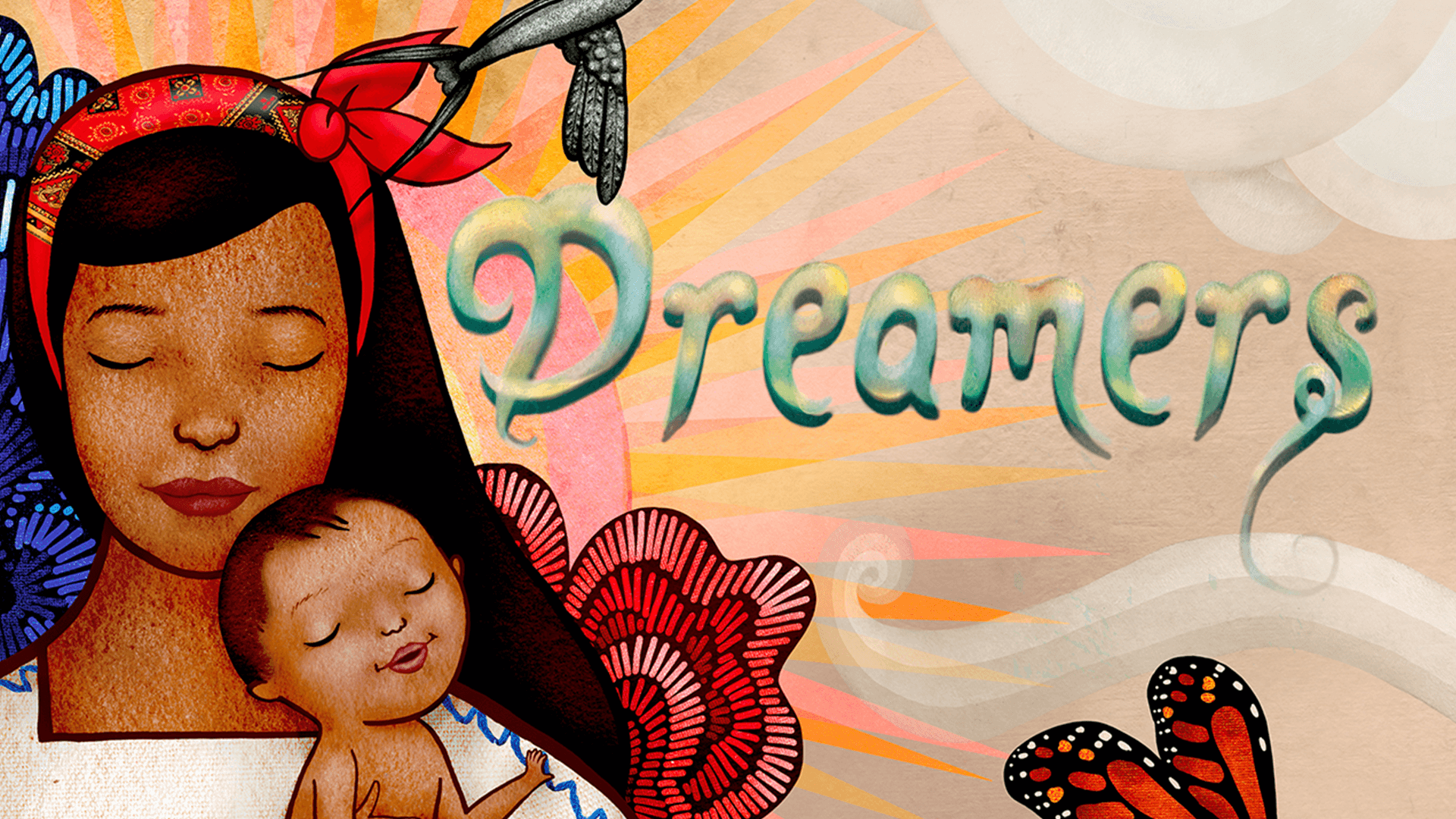 A cartoon mother holding a baby with blue text that reads Dreamers
