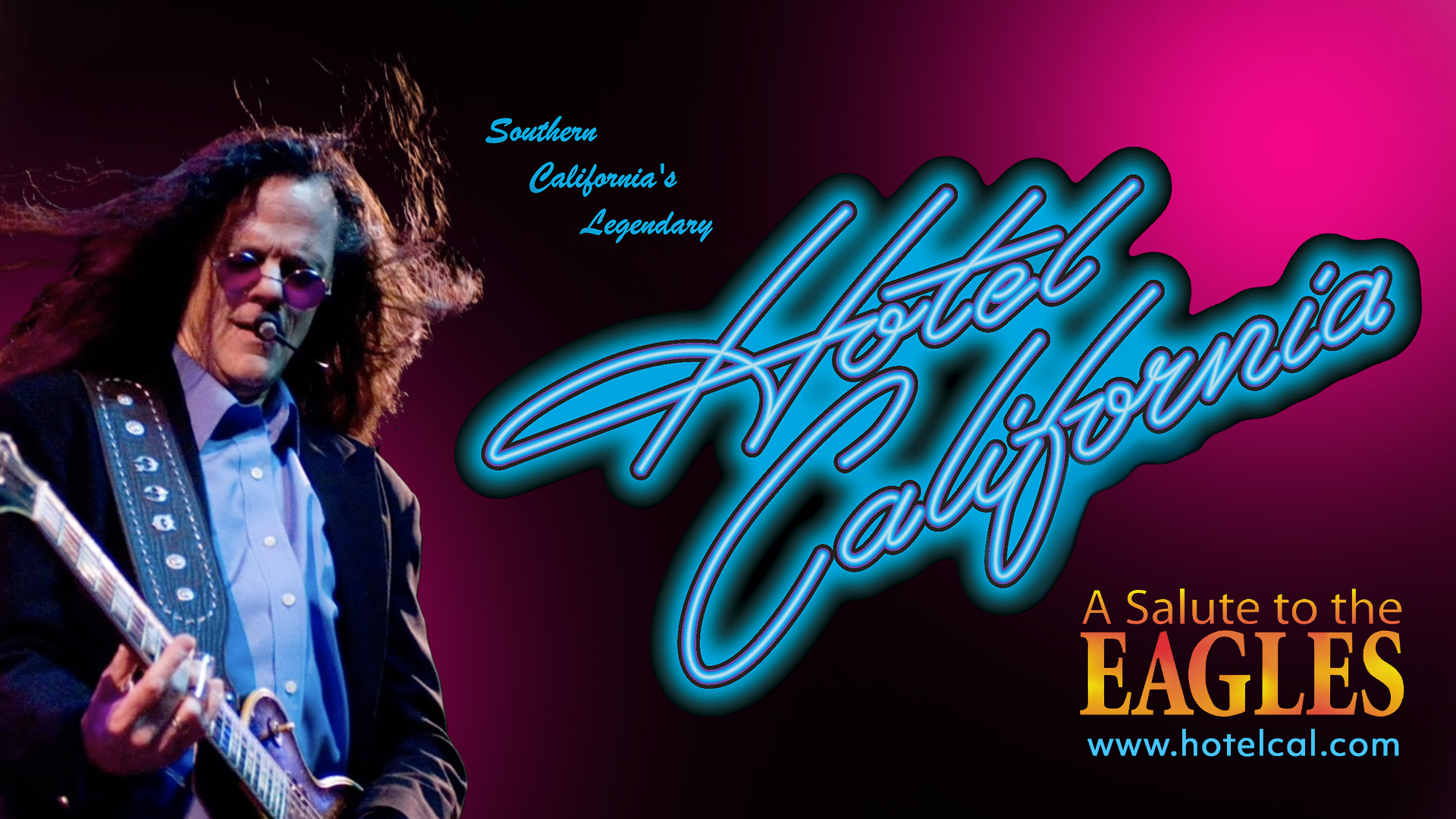 man playing guitar on pink background with hotel California in blue