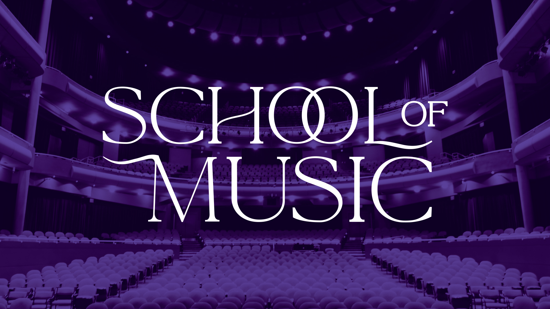 UNI School of Music in white text with Great Hall in purple in the background