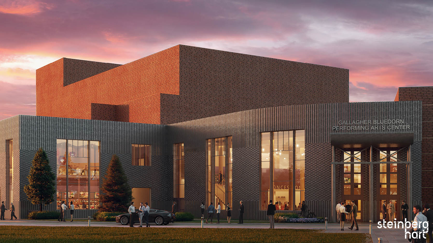 Rendering of the outside of the Gallagher Bluedorn with a setting sun behind it. 