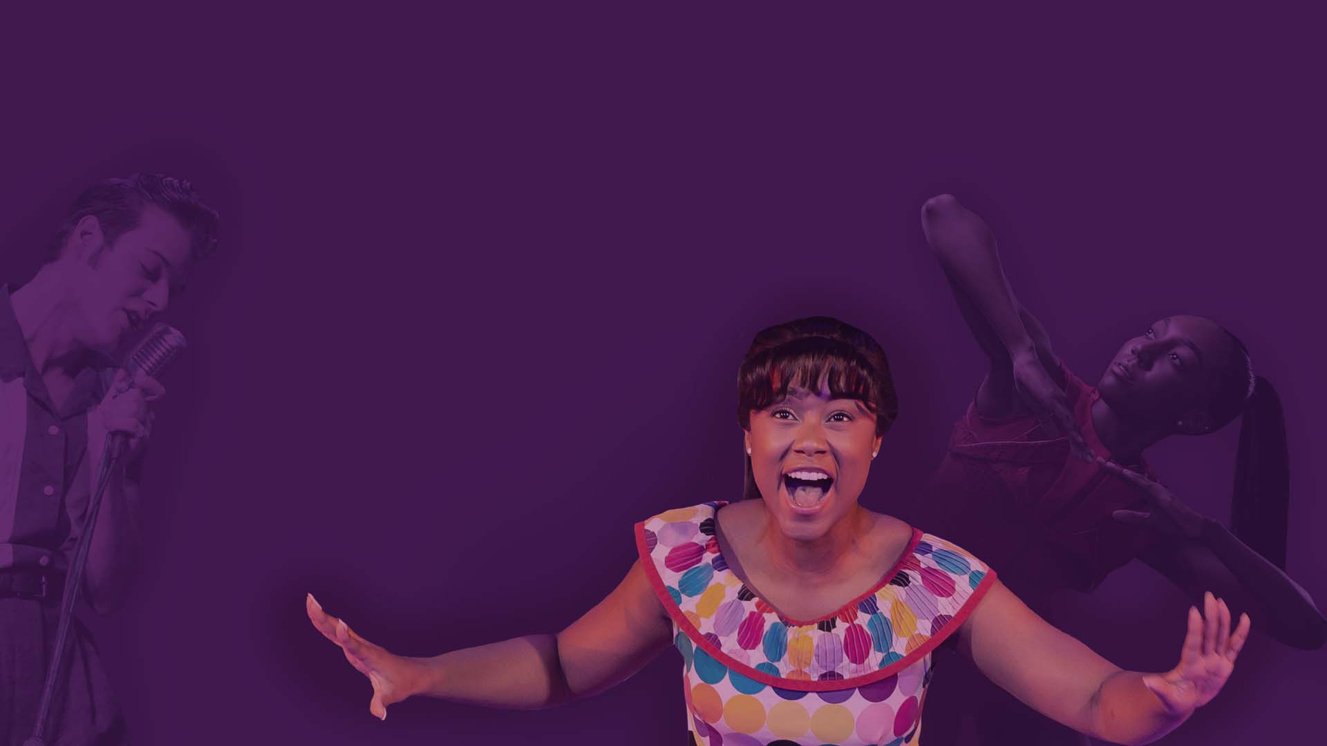 Ailey II, Hairspray, and Million Dollar Quartet featured on a purple gradient image