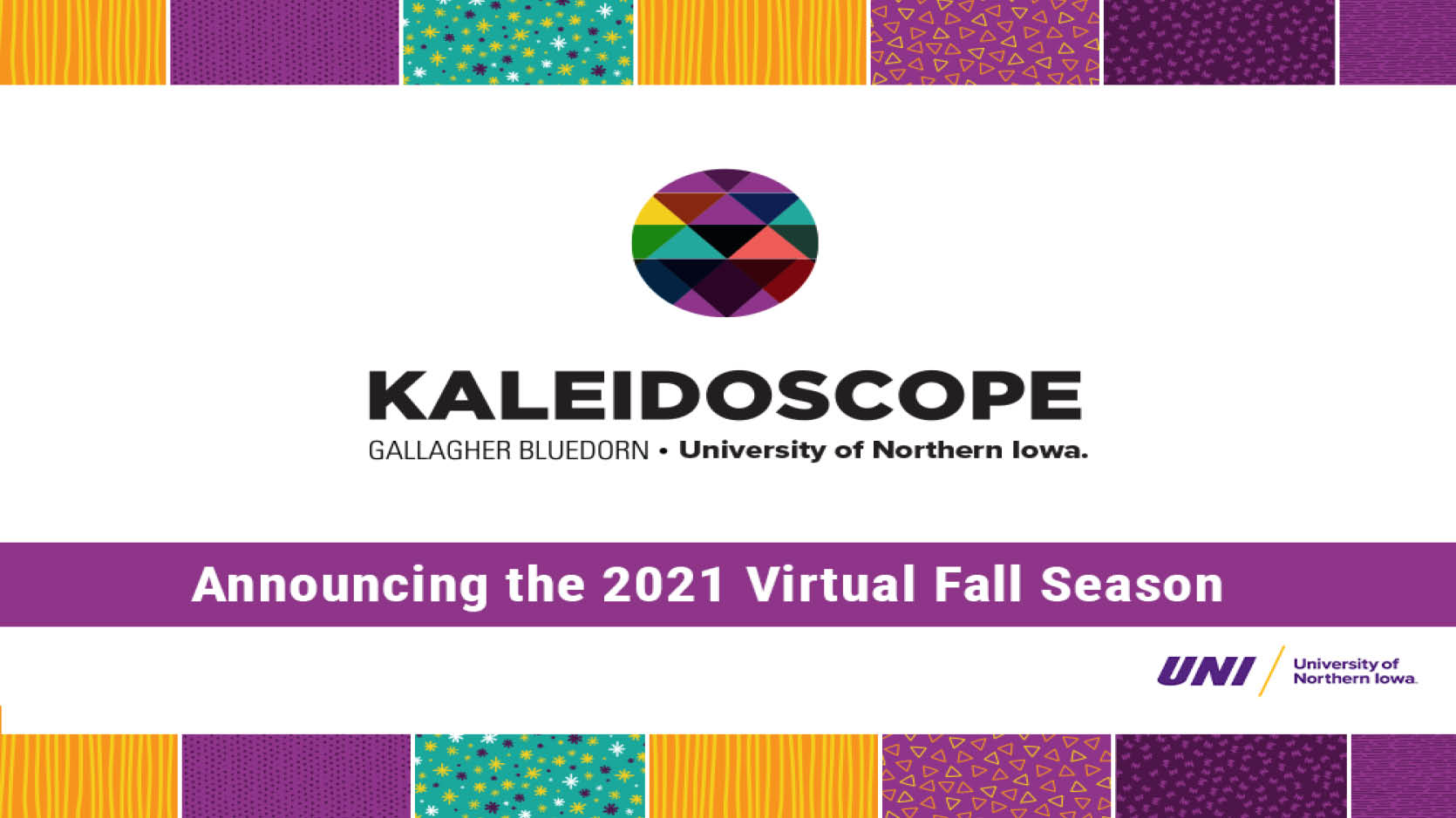Kaleidoscope logo and colorful cartoon drawings with white text that reads: Announcing the 2021 Virtual Fall Season 