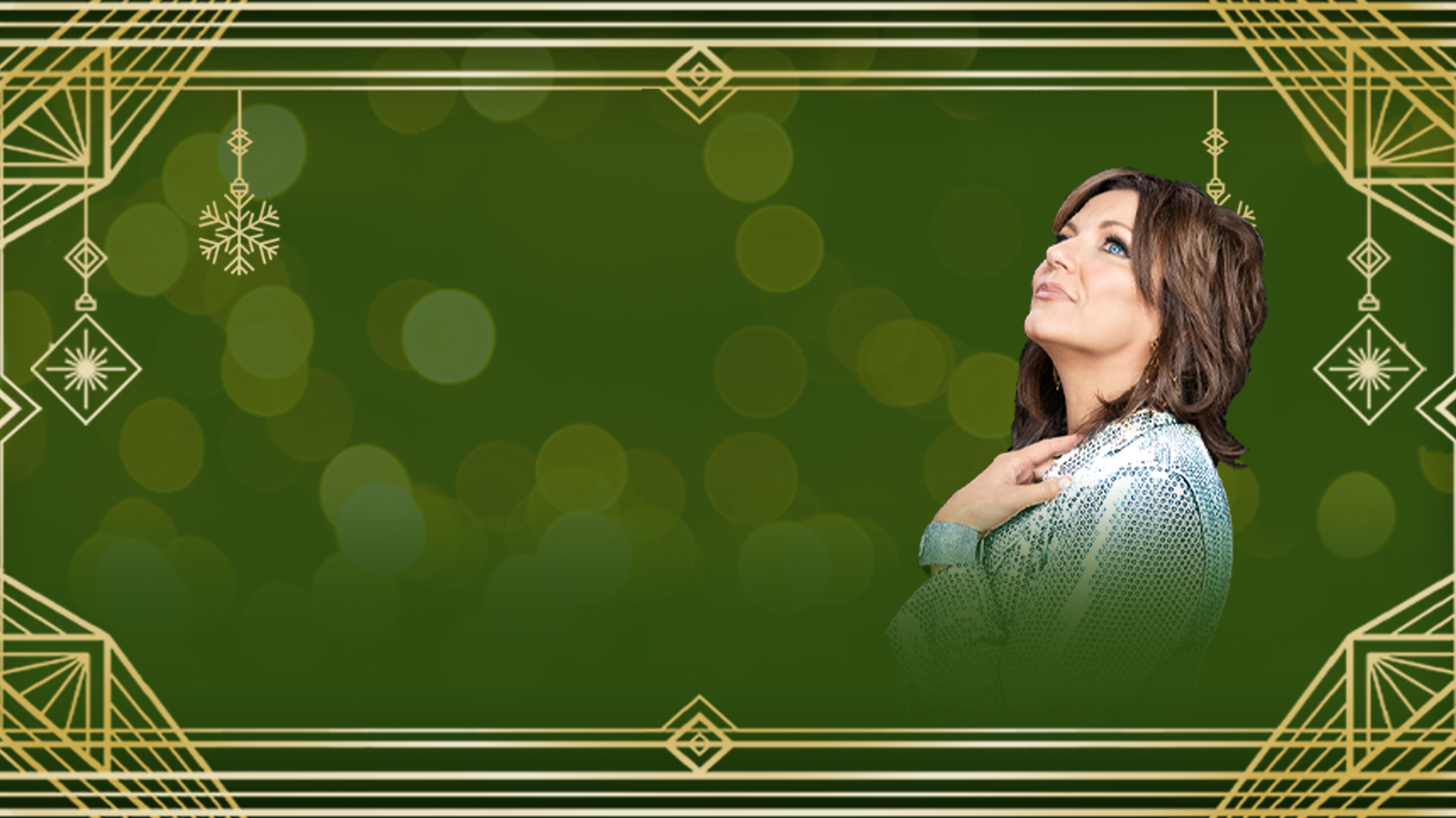 Martina McBride in a blue dress on a green/gold background