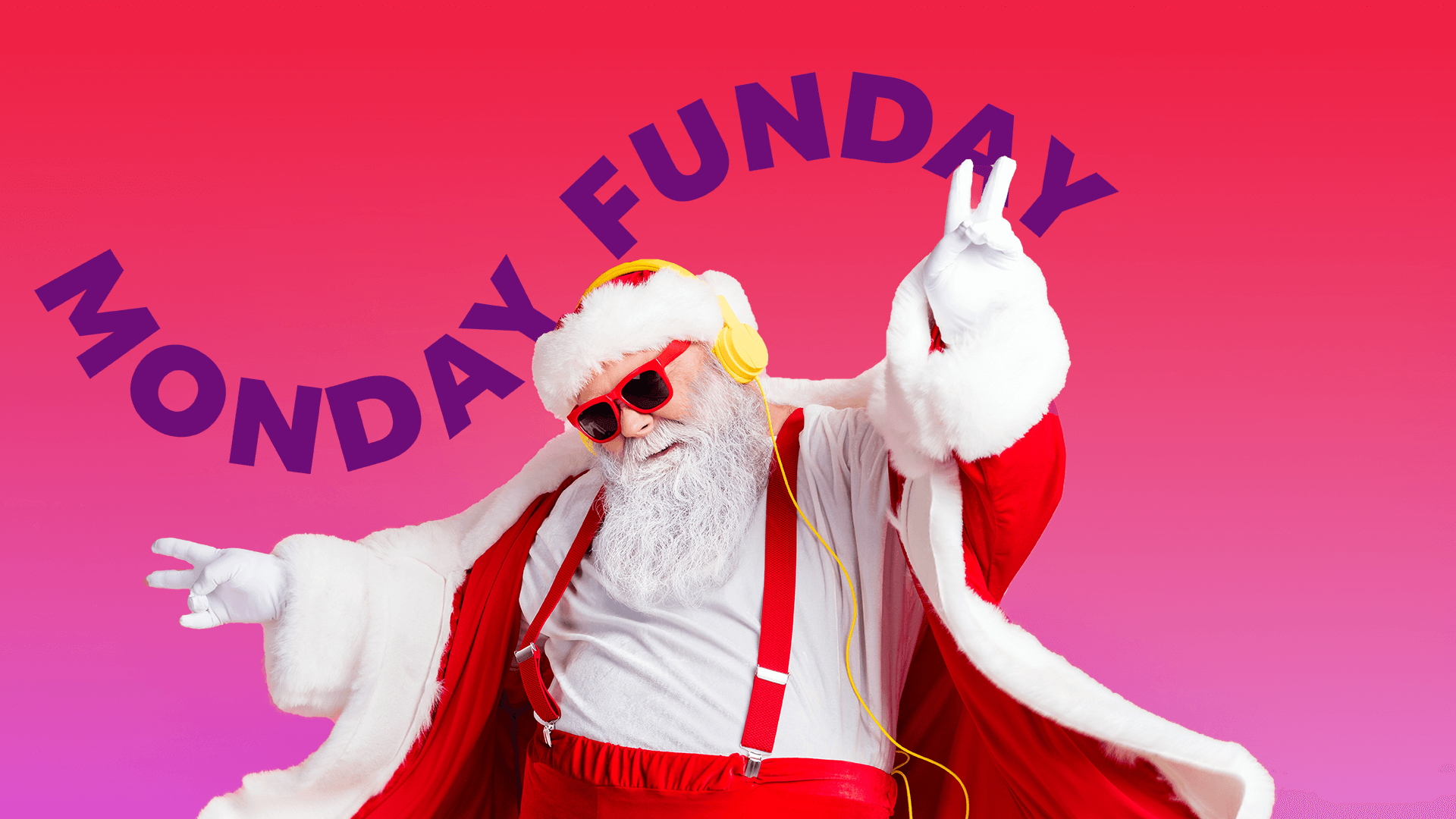 Santa rocking out comically with purple text that reads Monday Funday