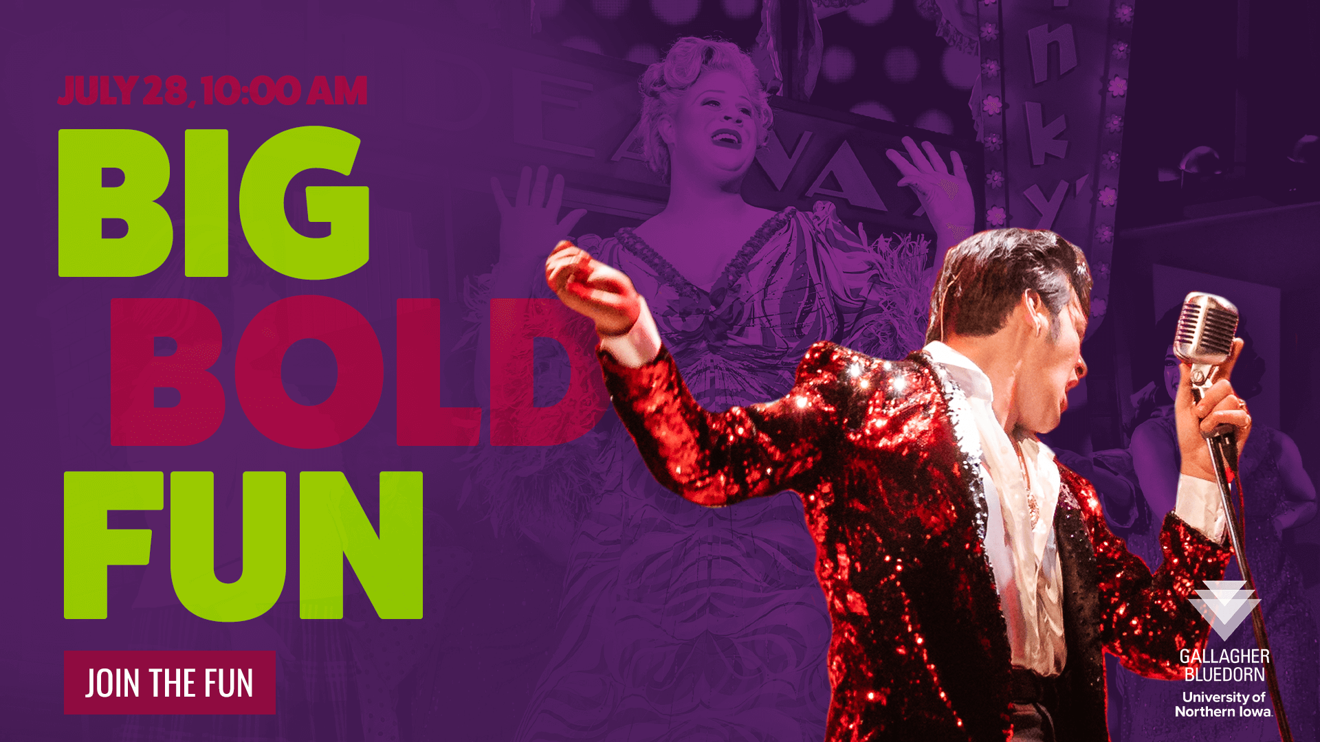 Text reads Big Bold Fun July 28 10AM with Million Dollar Quartet Elvis and Edna from Hairspray in background posing.