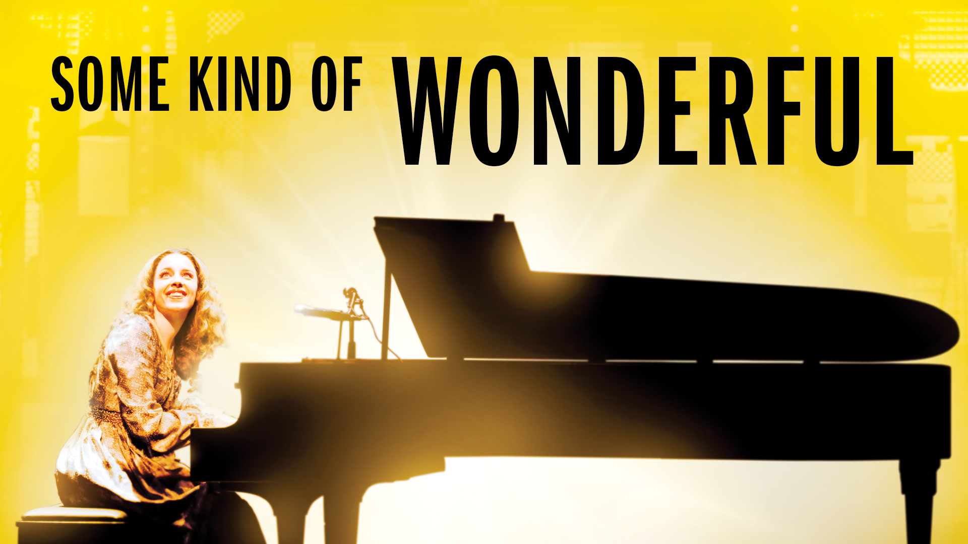 Carole King actress sits at a piano and looks up with black text that reads Some Kind of Wonderful