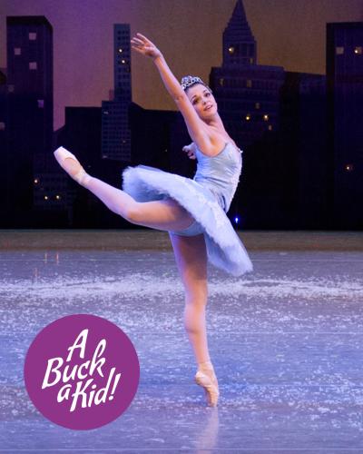A ballet dancer dressed in blue poses dancing with hand and leg raised. Text reads A Buck A Kid