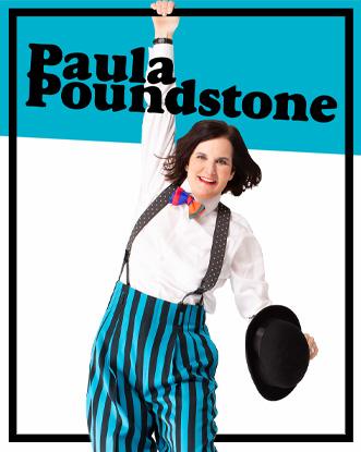 A lady holding on to poster in colorful bo tie and suspenders. Text reads Pauls Poundstone