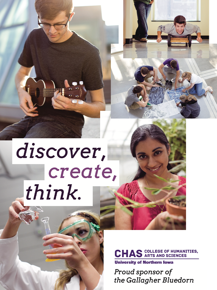 Discover, Create, Think College of Humanities, Arts, and Sciences. Images of students hanging out, working in a lab, and playing
