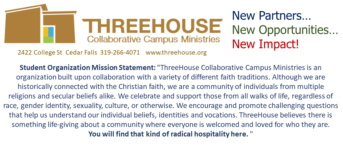 A brown building with the words Threehouse Campus Ministries