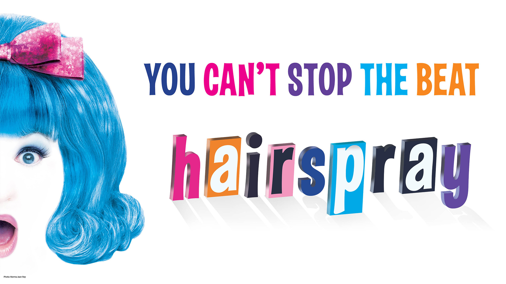 Text reads: You Can't Stop the Beat Hairspray with a ghost face wearing a blue wig and pink bow.