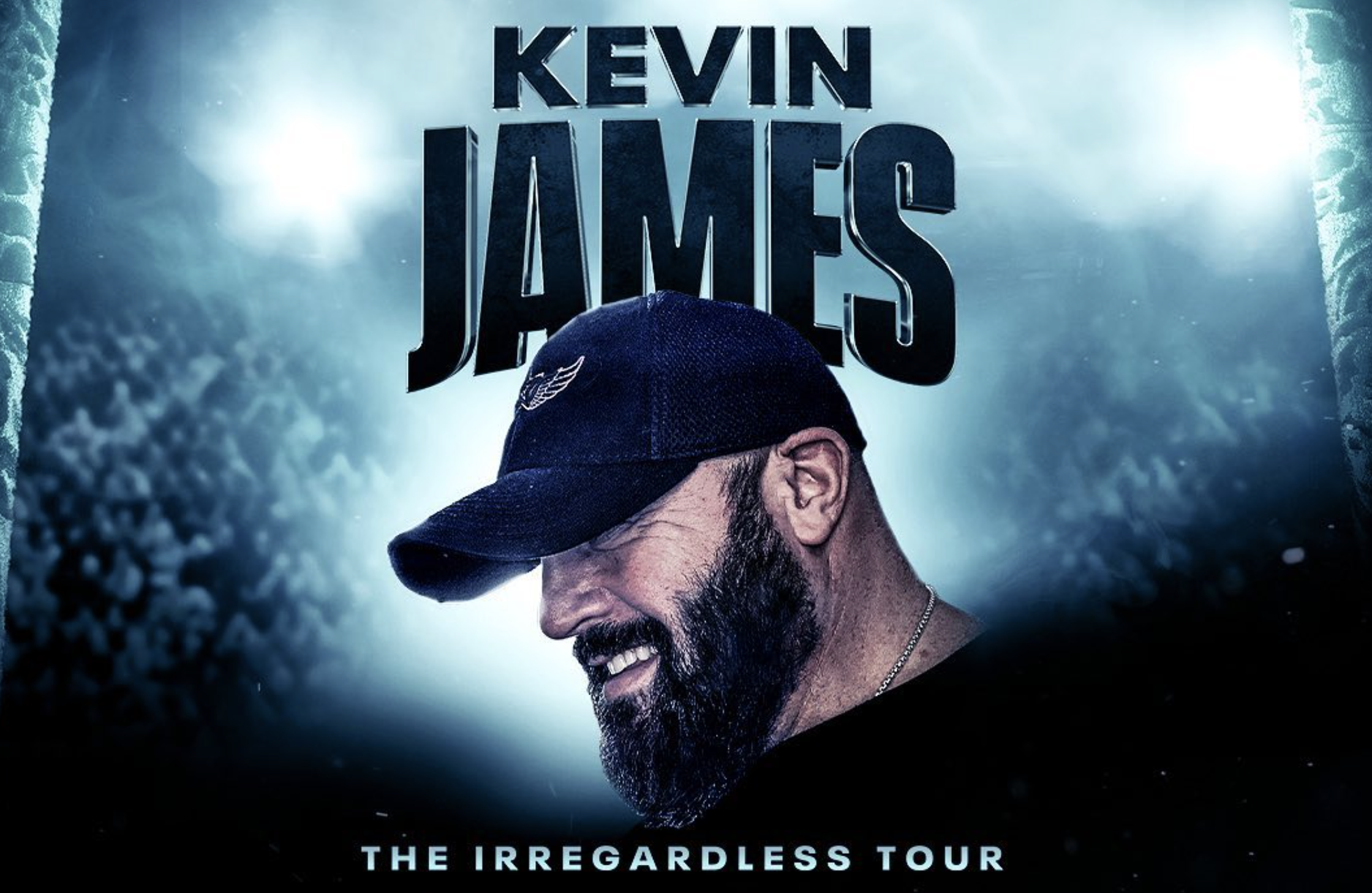 Kevin James on blue background with text "Kevin James the Irregardless Tour"