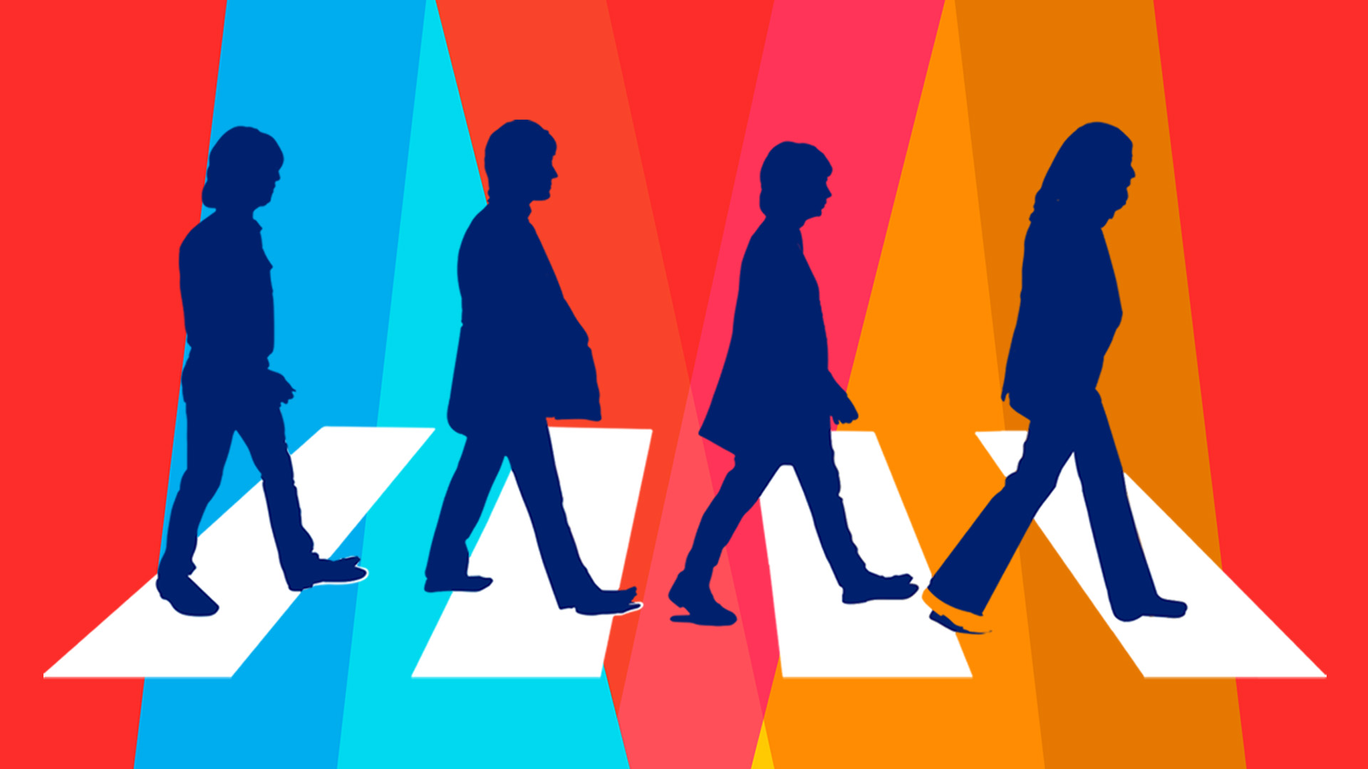 Graphic of four shadow figures representing the Beatles walking in a line. Orange and blue lights shine down on them.