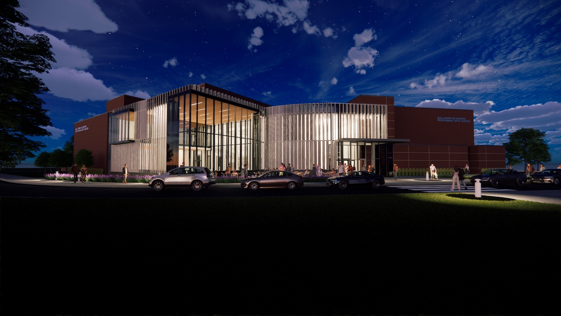 Outdoor rendering of the new Gallagher Bluedorn exteriror. There is a well-lit, spacious walkway and drop-off lane 