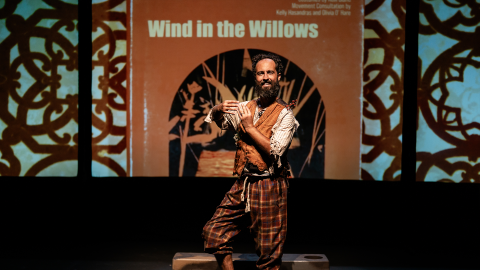 A man with a beard holding up a book wind in the willows