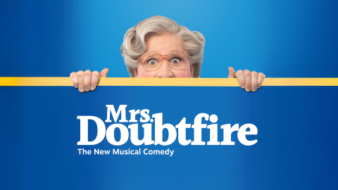 A lady with glasses with her eyes open wide behind the text reading Mrs. Doubtfire