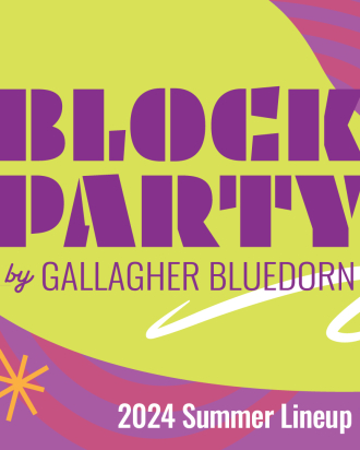 Text reads "BLOCK PARTY by Gallagher Bluedorn" on a playful background of lime green, orange, and purple with accenting starburst shapes