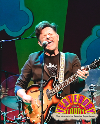 A man playing the guitar with a colorful background