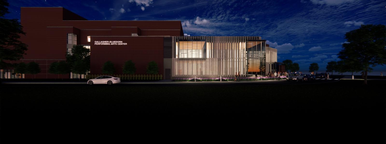 Dusk rendering of the building from the south entrance with expanded driveway