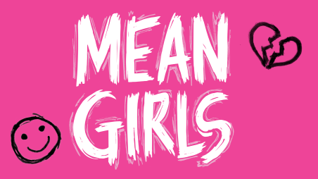 pink background with white text "mean girls" 