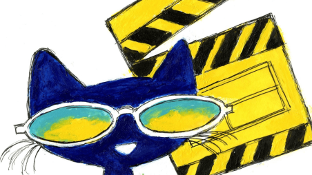 Cartoon of Pete the Cat with a hollywood clapboard