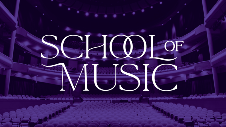 UNI School of Music in white text with Great Hall in purple in the background