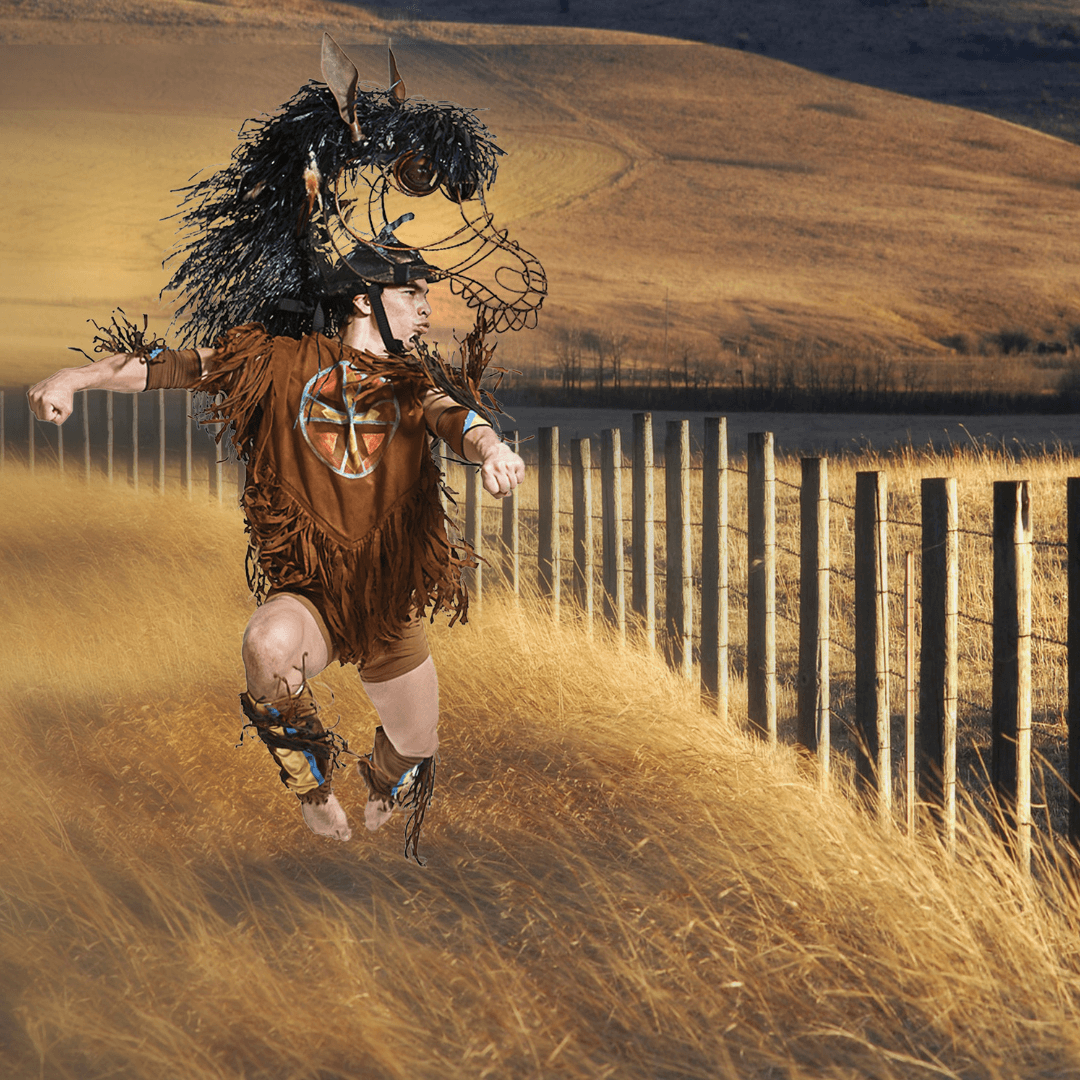 Person in horse costume dancing by a fence